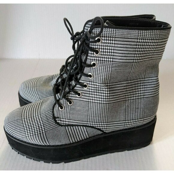 New Forever 21 Women's Glen Check Ankle Boots Black Textile Platform Size 8( 39) - Picture 3 of 6